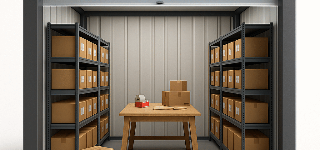 Strongholds X10 self storage unit in Perth set up as an e-commerce micro-warehouse with racking and a central packing table