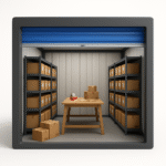 Strongholds X10 self storage unit in Perth set up as an e-commerce micro-warehouse with racking and a central packing table