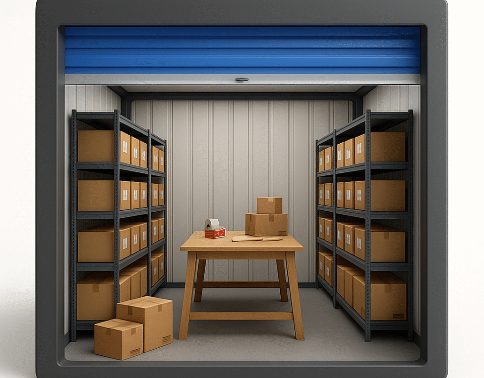 Strongholds X10 self storage unit in Perth set up as an e-commerce micro-warehouse with racking and a central packing table