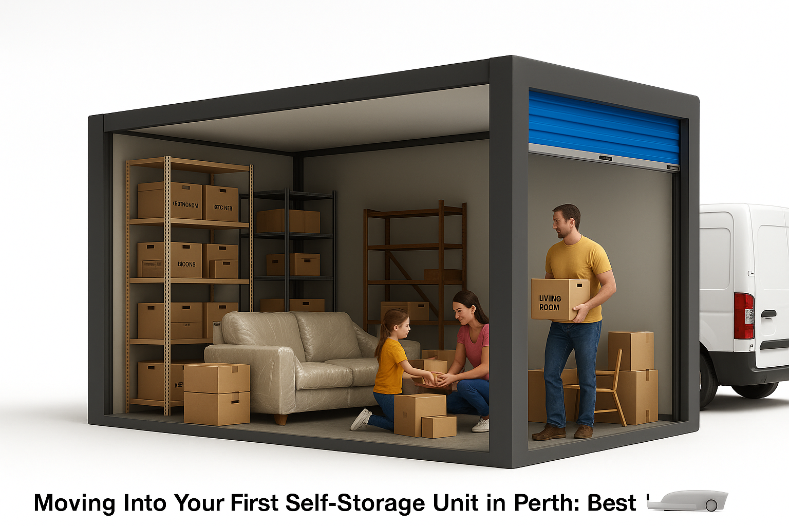 Cutaway of a Strongholds X7 self storage unit in Perth with racking, furniture, and labelled boxes, van at drive-up door