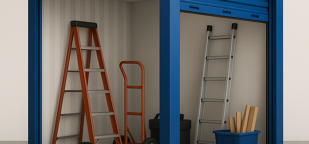 A drive-up self storage unit with tools, ladders, and equipment neatly organised, showing how tradespeople in Perth can store gear safely.
