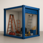 A drive-up self storage unit with tools, ladders, and equipment neatly organised, showing how tradespeople in Perth can store gear safely.