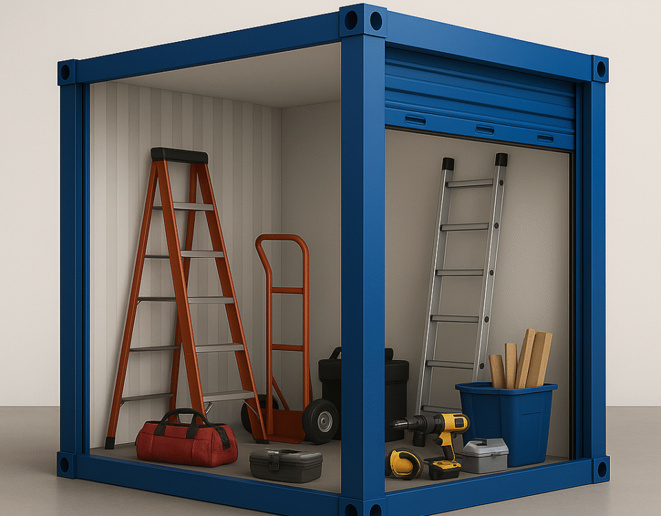 A drive-up self storage unit with tools, ladders, and equipment neatly organised, showing how tradespeople in Perth can store gear safely.