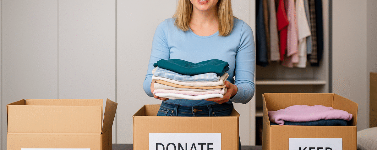 Woman in a light blue top with blonde hair sorting folded clothes into labeled boxes: discard, donate, and keep.