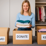 Woman in a light blue top with blonde hair sorting folded clothes into labeled boxes: discard, donate, and keep.