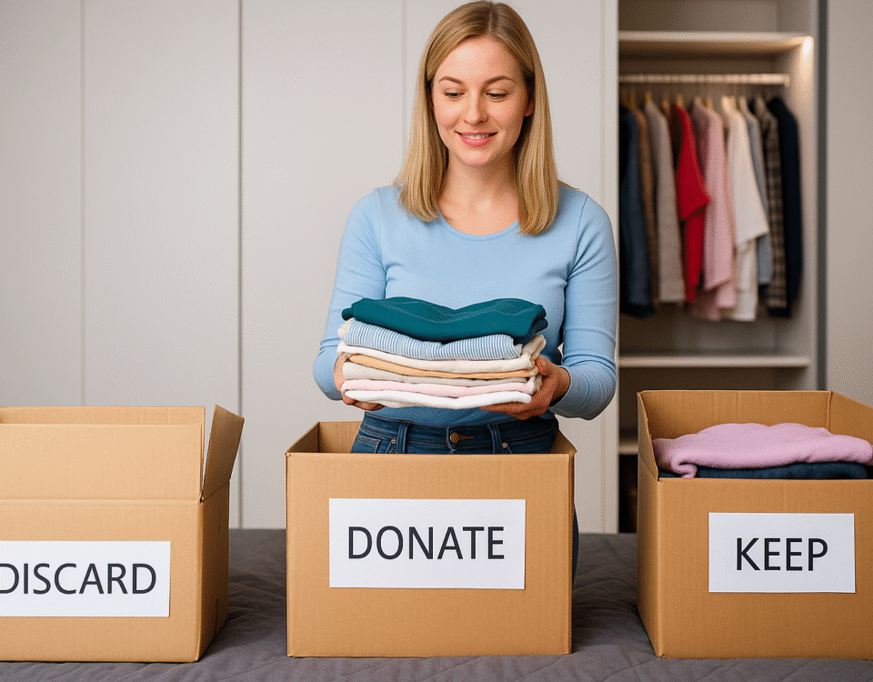 Woman in a light blue top with blonde hair sorting folded clothes into labeled boxes: discard, donate, and keep.
