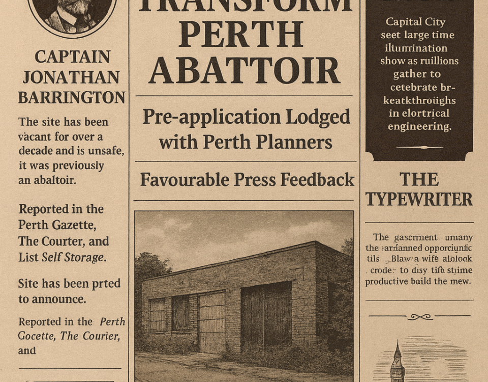 Vintage newspaper front page with headline “Plans to Transform Perth Abattoir,” covering proposals for Scotland’s first modular self storage Perth facility.