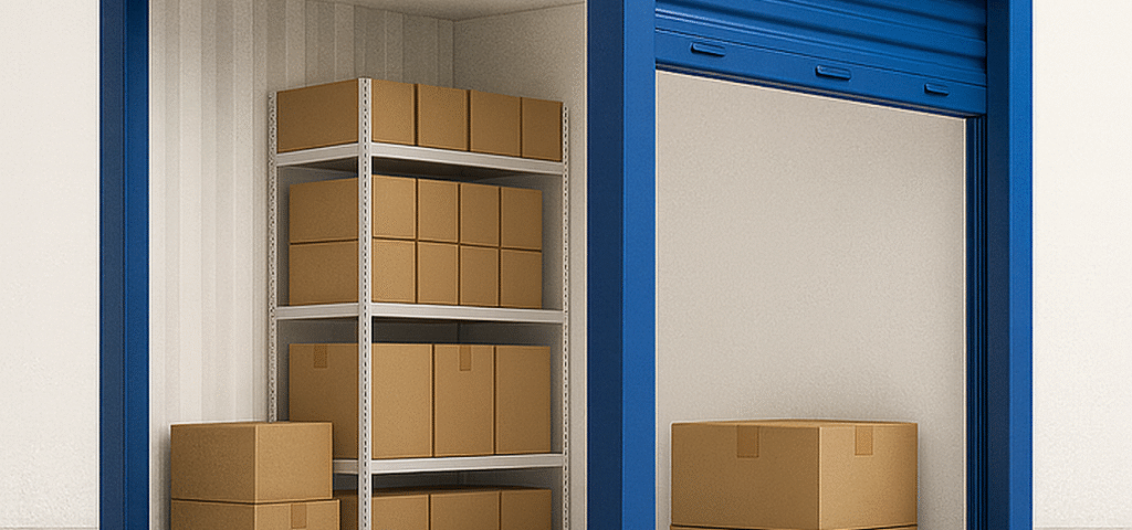 Shelves of neatly stacked boxes inside a blue modular self storage unit, showing how Perth businesses can use drive-up storage for e-commerce stock.