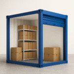Shelves of neatly stacked boxes inside a blue modular self storage unit, showing how Perth businesses can use drive-up storage for e-commerce stock.
