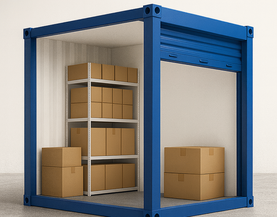 Shelves of neatly stacked boxes inside a blue modular self storage unit, showing how Perth businesses can use drive-up storage for e-commerce stock.