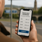 Over-the-shoulder view of a person booking a self storage unit in Perth on their smartphone, showing clear monthly pricing.