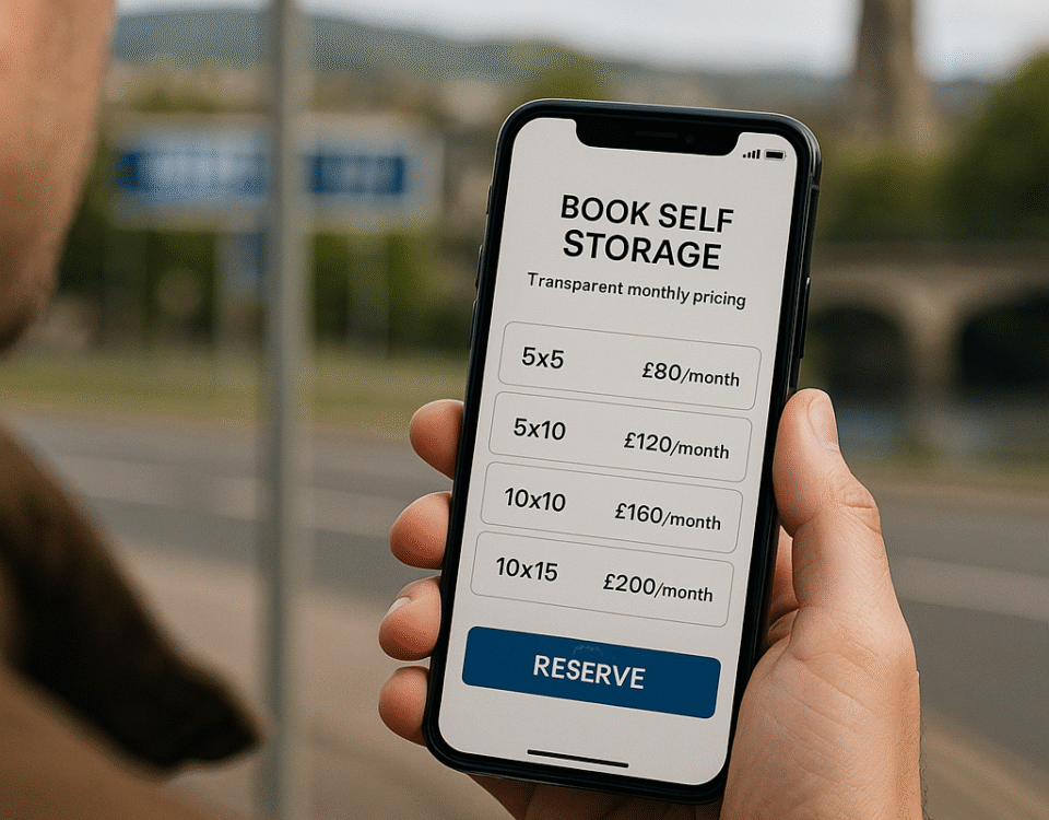 Over-the-shoulder view of a person booking a self storage unit in Perth on their smartphone, showing clear monthly pricing.