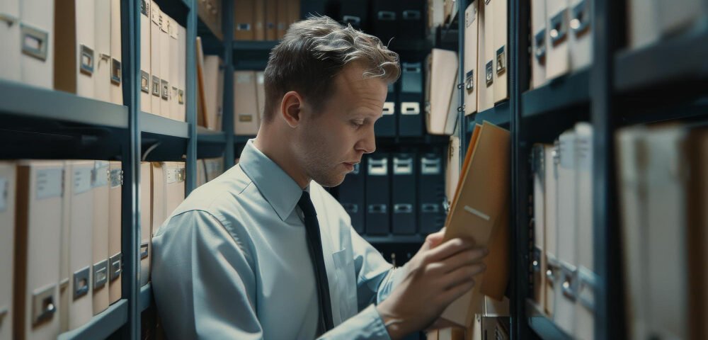 Business professional accessing archived files in secure document storage in Perth facility