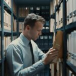 Business professional accessing archived files in secure document storage in Perth facility
