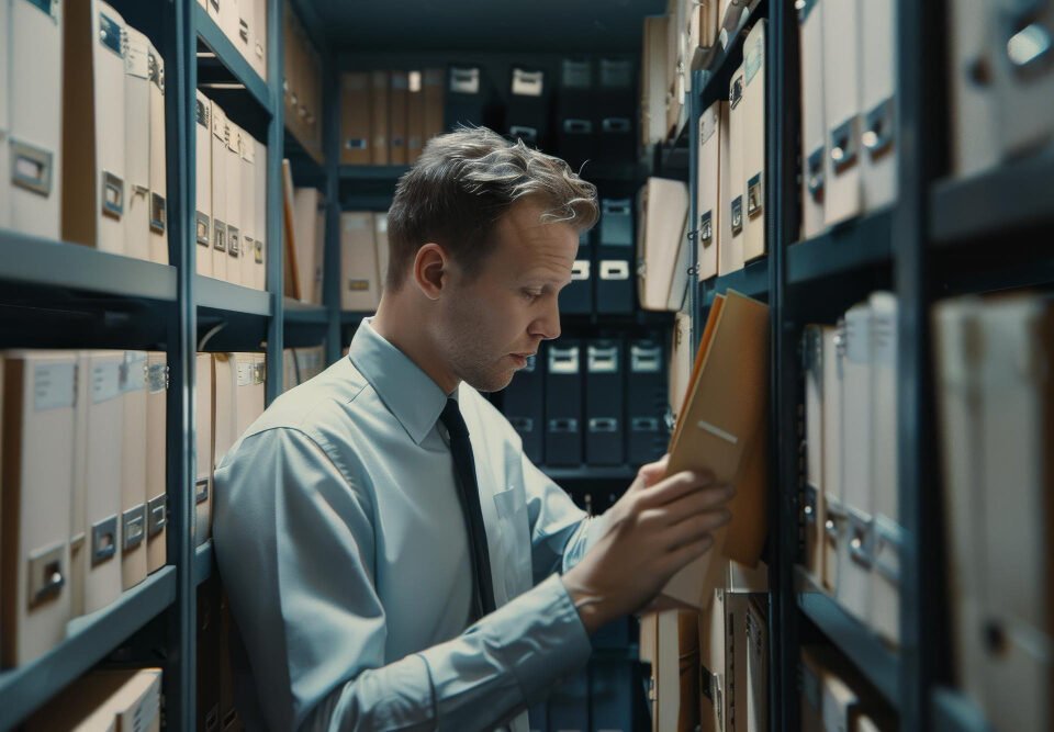 Business professional accessing archived files in secure document storage in Perth facility