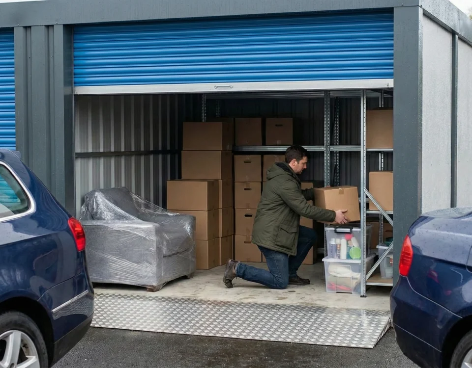 Man organising household items inside a drive-up self storage in Perth, showing practical tips for using self storage in Perth effectively