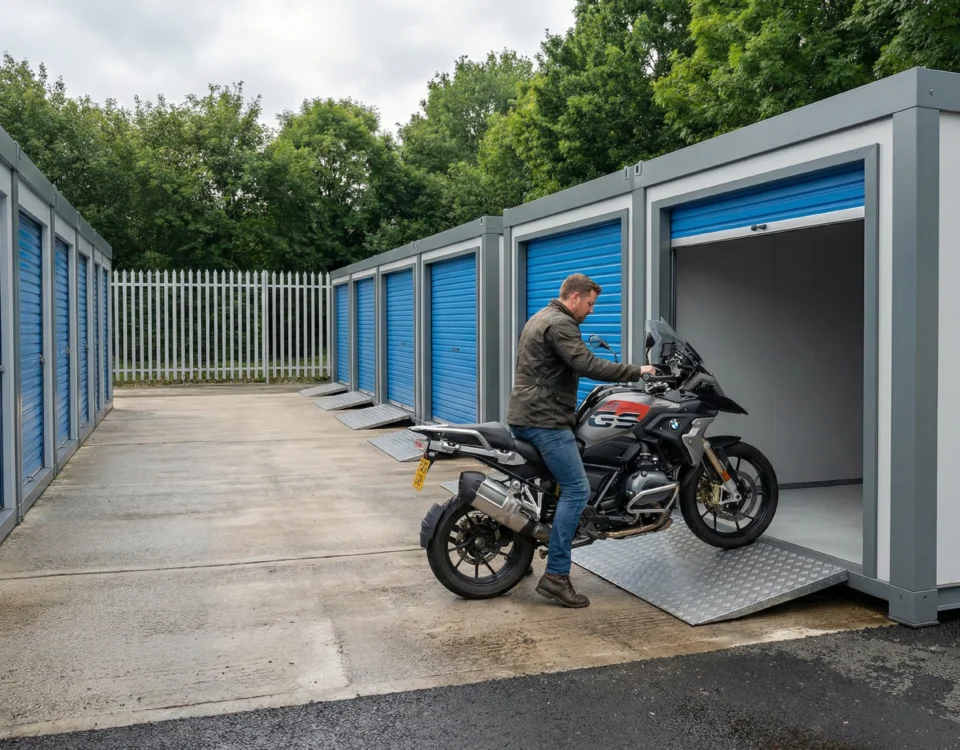 Motorbike storage in Perth showing a secure Strongholds drive-up storage unit with ground-level access