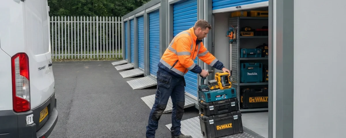 Tradesman storage in Perth with a professional tradesman unloading power tools from a van into a secure drive-up storage unit