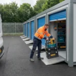 Tradesman storage in Perth with a professional tradesman unloading power tools from a van into a secure drive-up storage unit