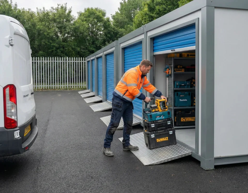 Tradesman storage in Perth with a professional tradesman unloading power tools from a van into a secure drive-up storage unit